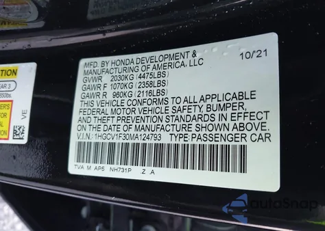 2021 Honda Accord Sport из США, поврежденный, VIN 1HGCV1F30MA124793